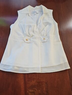 Isaac Mizrahi Cream Sleeveless Draped Blouse with Gold Buttons